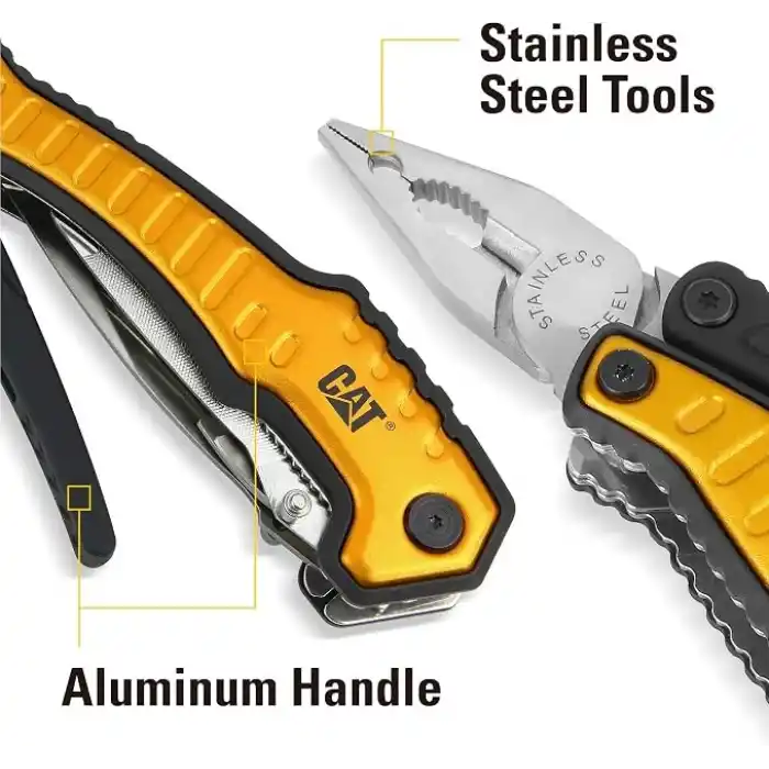 CAT DA980045 9 IN 1 Çok Fonksiyonlu Katlanabilir 27CM Paslanmaz Çelik Sarı Kamp Çakısı Bıçağı + Taşıma Kılıfı