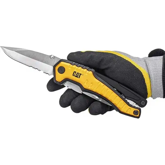 CAT DA980045 9 IN 1 Çok Fonksiyonlu Katlanabilir 27CM Paslanmaz Çelik Sarı Kamp Çakısı Bıçağı + Taşıma Kılıfı