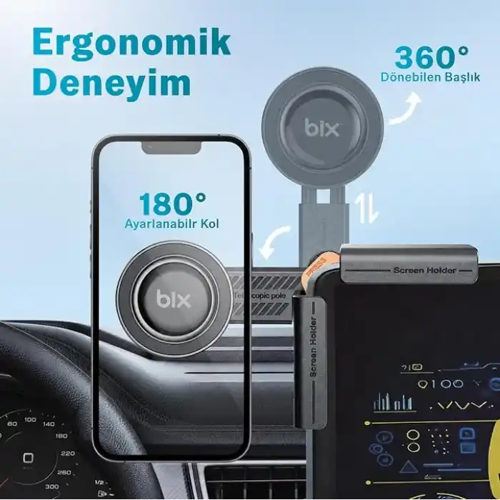 Bix TCH03 Çok Açılı Ayarlanabilir Araç Ekranı Monitör Üstü İçin Teleskopik Manyetik Telefon Tutucu