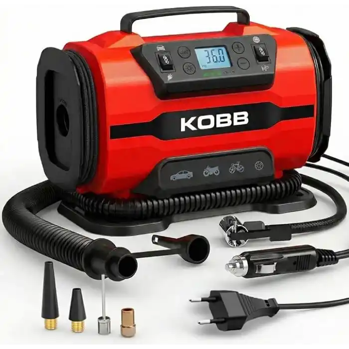KOBB KB301 Dijital Lastik Şişirme Pompası, 12V/220V, 150 PSI, 35L/dk Hava Akışı, LED Ekran, Siyah, 1.6kg