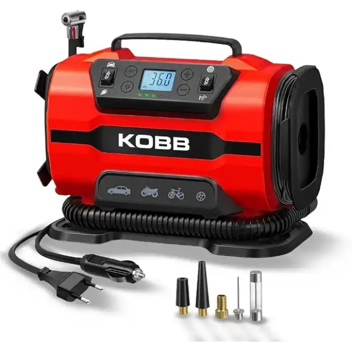 KOBB KB301 Dijital Lastik Şişirme Pompası, 12V/220V, 150 PSI, 35L/dk Hava Akışı, LED Ekran, Siyah, 1.6kg