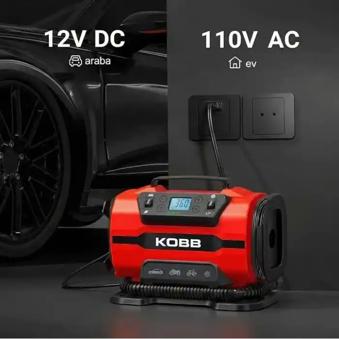 KOBB KB301 Dijital Lastik Şişirme Pompası, 12V/220V, 150 PSI, 35L/dk Hava Akışı, LED Ekran, Siyah, 1.6kg