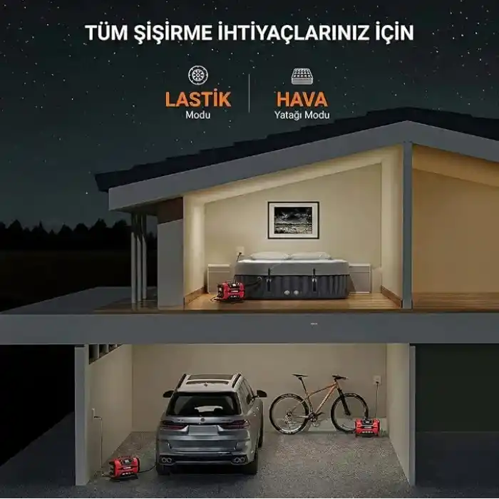 KOBB KB301 Dijital Lastik Şişirme Pompası, 12V/220V, 150 PSI, 35L/dk Hava Akışı, LED Ekran, Siyah, 1.6kg