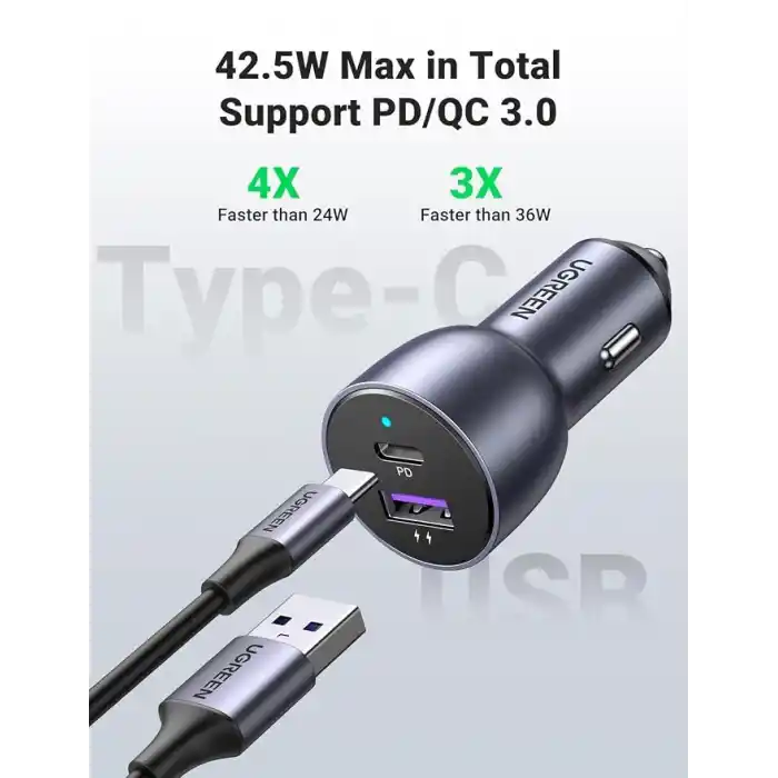 Ugreen 52.5 W Çift Port USB C-USB A PD-QC Hızlı Araç Şarj Cihazı