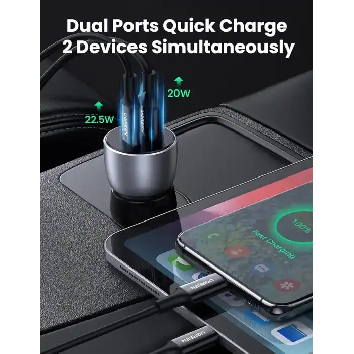 Ugreen 52.5 W Çift Port USB C-USB A PD-QC Hızlı Araç Şarj Cihazı
