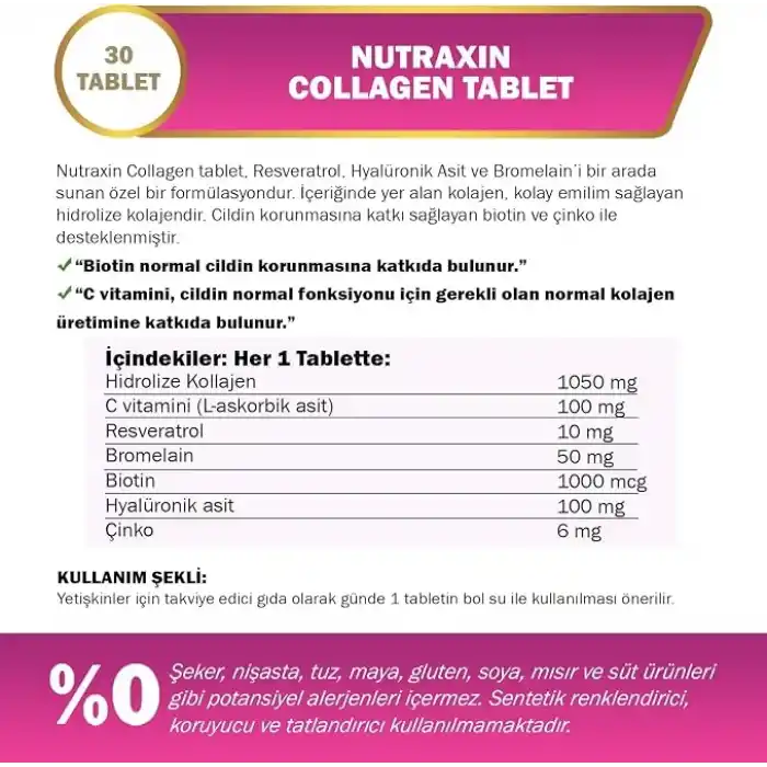 Nutraxin Collagen Gold Quality Tablet – Hidrolize Kolajen, C Vitamini, Hyaluronik Asit, Biotin, Çinko ve Resveratrol – 30 Tablet