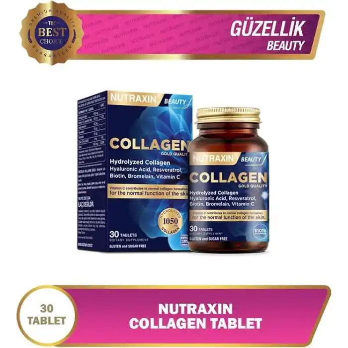Nutraxin Collagen Gold Quality Tablet – Hidrolize Kolajen, C Vitamini, Hyaluronik Asit, Biotin, Çinko ve Resveratrol – 30 Tablet