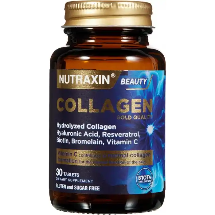 Nutraxin Collagen Gold Quality Tablet – Hidrolize Kolajen, C Vitamini, Hyaluronik Asit, Biotin, Çinko ve Resveratrol – 30 Tablet