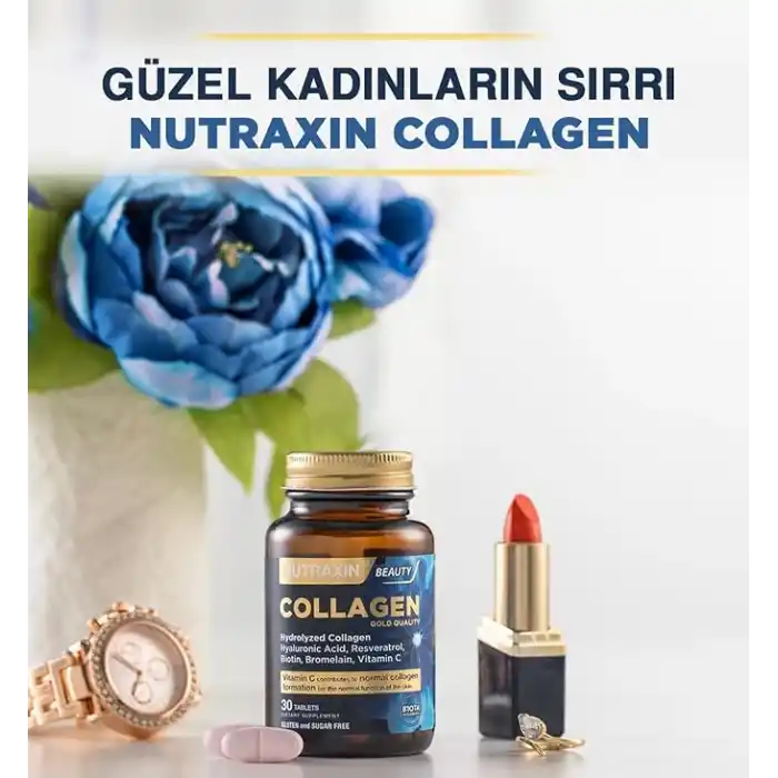 Nutraxin Collagen Gold Quality Tablet – Hidrolize Kolajen, C Vitamini, Hyaluronik Asit, Biotin, Çinko ve Resveratrol – 30 Tablet