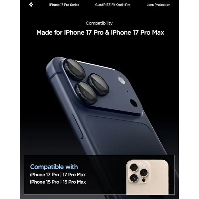 Spigen iPhone 17 Pro/Pro Max / 16 Pro/16 Pro Max / 15 Pro/15 Pro Max ile Uyumlu Kamera Lens Koruyucu Cam Kolay Kurulum Glas.tR EZ Fit Optik Pro (2 Adet) Blue Titanium - AGL07164