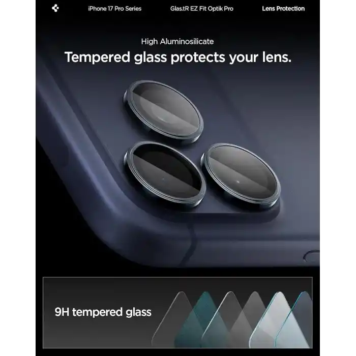 Spigen iPhone 17 Pro/Pro Max / 16 Pro/16 Pro Max / 15 Pro/15 Pro Max ile Uyumlu Kamera Lens Koruyucu Cam Kolay Kurulum Glas.tR EZ Fit Optik Pro (2 Adet) Blue Titanium - AGL07164