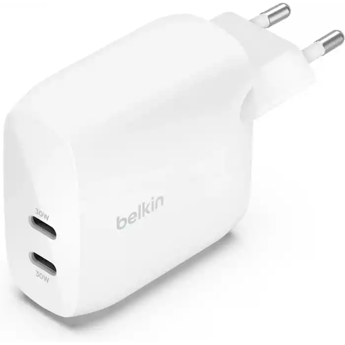 Belkin Boost Charge Çift USB-C Fişi, PPSli, iPhone 16 ve Diğerleri, iPad, Samsung Galaxy, Google Pixel, MacBook için 60W Şarj Cihazı, USB-Cden Lightning Kablosu ve USB-C Uyumlu, Beyaz