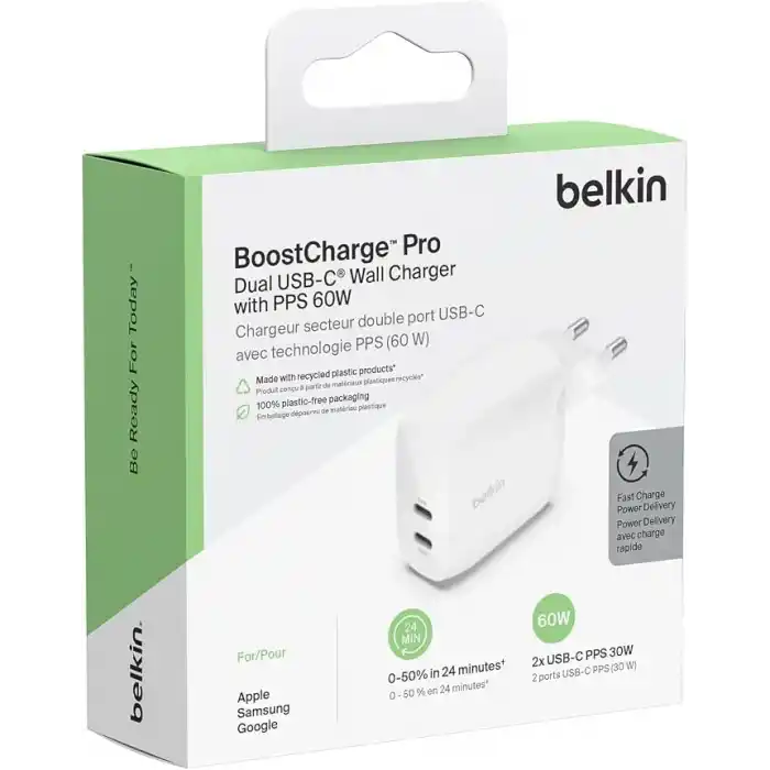 Belkin Boost Charge Çift USB-C Fişi, PPSli, iPhone 16 ve Diğerleri, iPad, Samsung Galaxy, Google Pixel, MacBook için 60W Şarj Cihazı, USB-Cden Lightning Kablosu ve USB-C Uyumlu, Beyaz