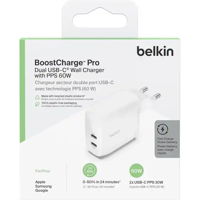 Belkin Boost Charge Çift USB-C Fişi, PPSli, iPhone 16 ve Diğerleri, iPad, Samsung Galaxy, Google Pixel, MacBook için 60W Şarj Cihazı, USB-Cden Lightning Kablosu ve USB-C Uyumlu, Beyaz