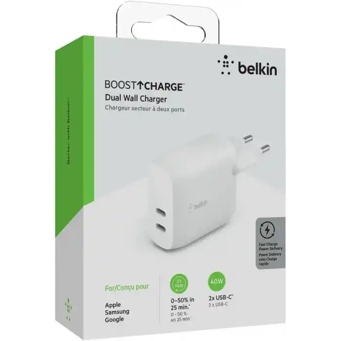 Belkin Çift 20W USB-C PD Duvar Şarj Cihazı 40W