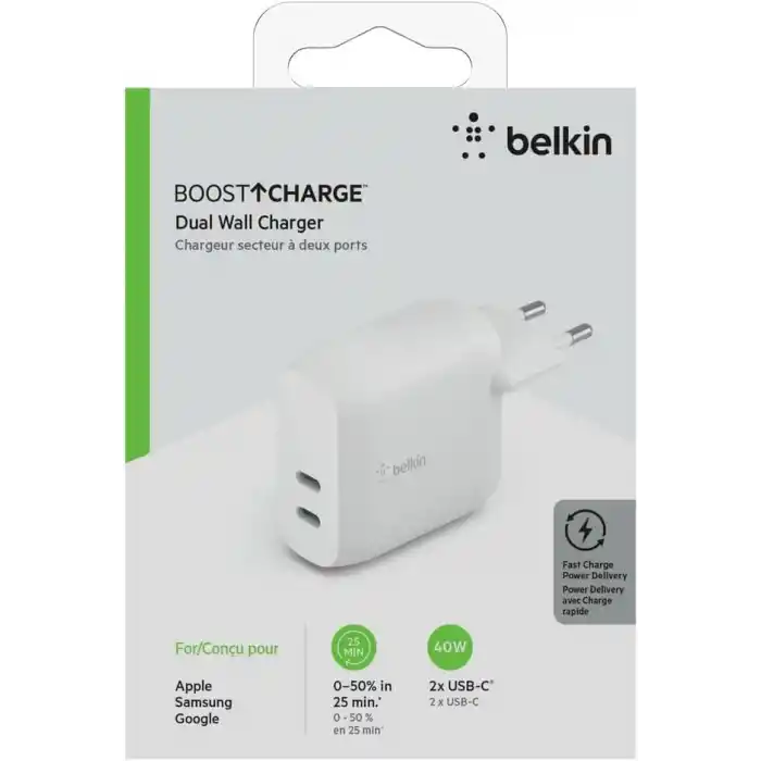 Belkin Çift 20W USB-C PD Duvar Şarj Cihazı 40W