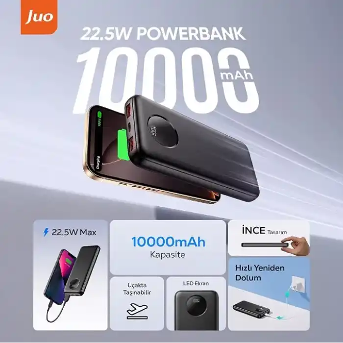 Juo 10000mAh 22.5W Dijital Led Ekranlı Taşınabilir Hızlı Şarj Cihazı Powerbank Siyah