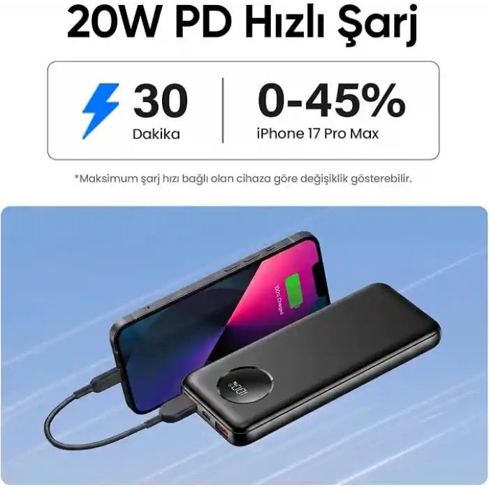 Juo 10000mAh 22.5W Dijital Led Ekranlı Taşınabilir Hızlı Şarj Cihazı Powerbank Siyah
