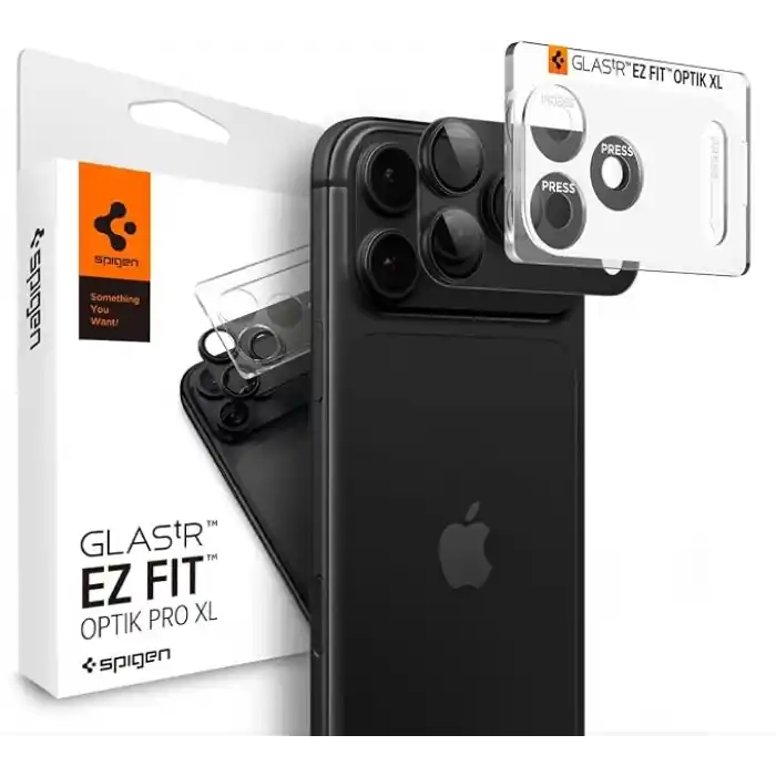 Spigen iPhone 18 Pro ile Uyumlu Kamera Lens Koruyucu Tam Kaplayan Cam Kolay Kurulum Glas.tR EZ Fit Optik Pro XL Dark Gray - AGL12035