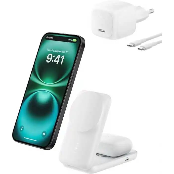 Belkin UltraCharge MagSafe Uyumlu 2’si 1 Arada Qi2 25W Kablosuz Şarj İstasyonu, iPhone 16, AirPods, Pixelsnap, Dönüştürülebilir Masaüstü Standı, USB-C Portlu, 45W Adaptör, Beyaz