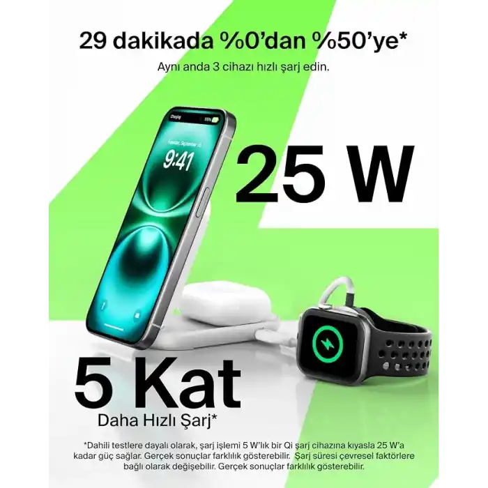 Belkin UltraCharge MagSafe Uyumlu 2’si 1 Arada Qi2 25W Kablosuz Şarj İstasyonu, iPhone 16, AirPods, Pixelsnap, Dönüştürülebilir Masaüstü Standı, USB-C Portlu, 45W Adaptör, Beyaz