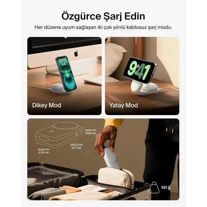 Belkin UltraCharge MagSafe Uyumlu 2’si 1 Arada Qi2 25W Kablosuz Şarj İstasyonu, iPhone 16, AirPods, Pixelsnap, Dönüştürülebilir Masaüstü Standı, USB-C Portlu, 45W Adaptör, Beyaz