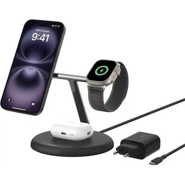 Belkin 3ü 1 Arada Manyetik MagSafe Uyumlu Qi2 15W Kablosuz Şarj Standı, iPhone 16, 15, 14 ve 13 Serisi, AirPods, Apple Watch vb. için Hızlı Şarj Özellikli iPhone Şarj Cihazı (PSU dahil) - Siyah
