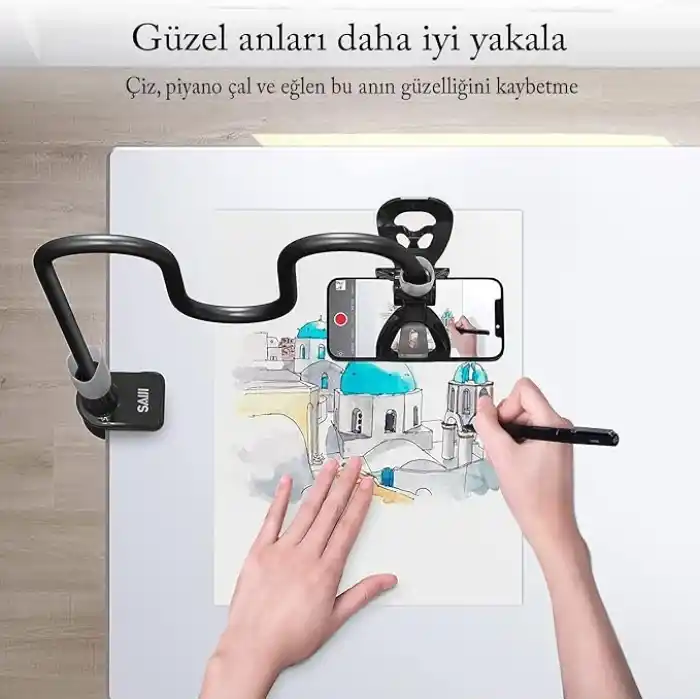 Bix SAIJI IVY-85 Akrobat Esnek Telefon Tutucu, Deveboynu Yataklı Telefon Tutacağı, Masa için Esnek Uzun Kollu Telefon Montajı, Klips Braketi Kelepçe Standı 4.0-6.3 Siyah