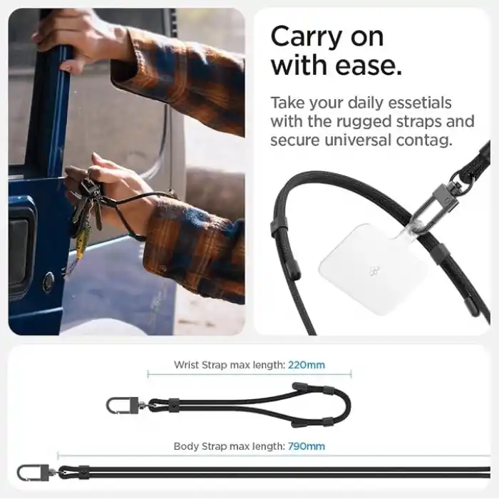 Spigen Boyun Askı ipi + Bilek Askı ipi + ConTag Tutucu Aparat Set (Tüm Cihazlarla Uyumlu) Black - AFA06259