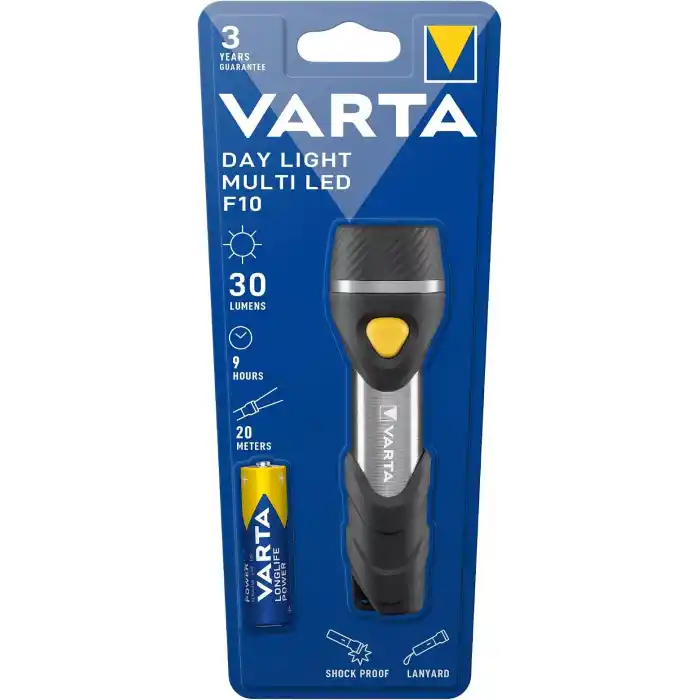 VARTA Day Light Multi LED F10 Taschenlampe mit 5 LEDs (inkl. 1xAA Longlife Power Batterie, ideal für Haushalt, Camping, Angeln, Garage, Notfall, Stromausfall, Outdoor)