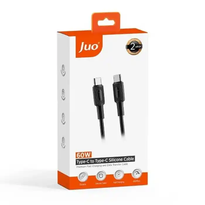 Juo 60W USB Type-C to Type-C Silikon Hızlı Şarj ve Data Kablosu Siyah 2 Metre