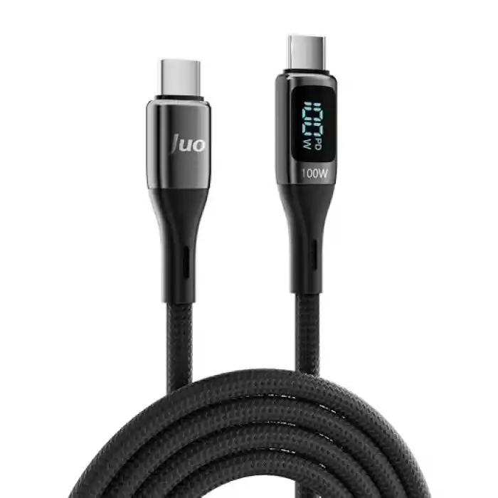 Juo 100W 5A QC4.0 Dijital Led Ekranlı E-Mark Çipli USB PD Type-C Hızlı Şarj ve Data Kablosu 2 Metre