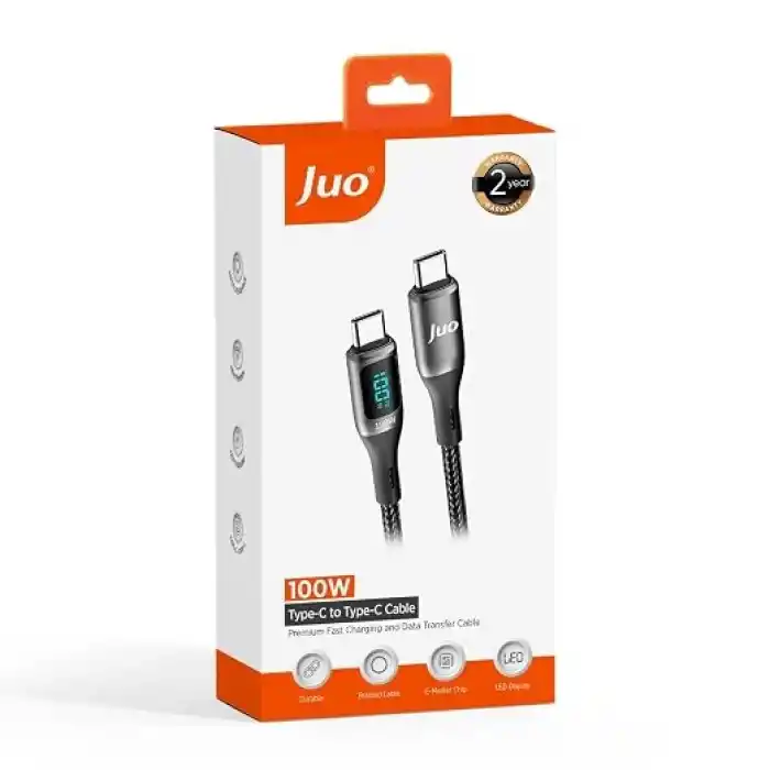 Juo 100W 5A QC4.0 Dijital Led Ekranlı E-Mark Çipli USB PD Type-C Hızlı Şarj ve Data Kablosu 2 Metre