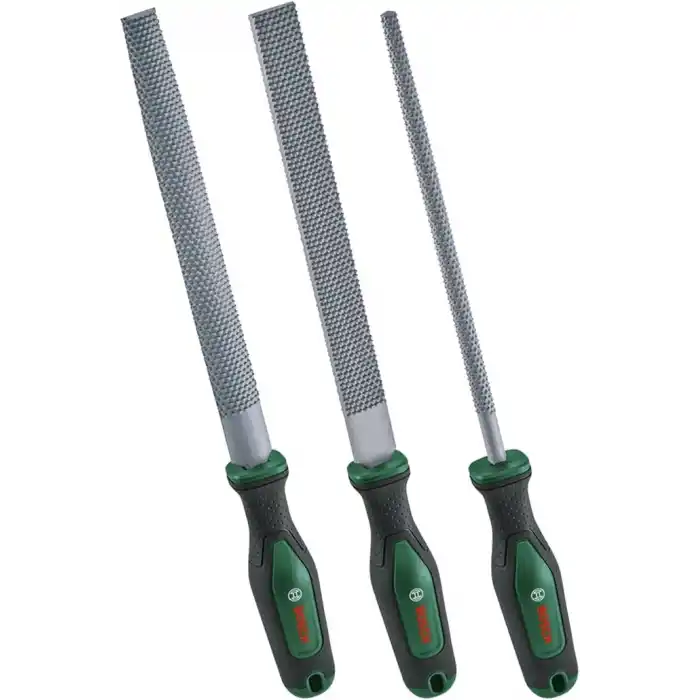Bosch 3 parçalı törpü seti (sağlam ahşap törpü seti, düz, yarı yuvarlak ve yuvarlak rende dahil; sert karbon çelik; şaft uzunluğu 200 mm; orta kesim 2; yumuşak saplı ergonomik sap)