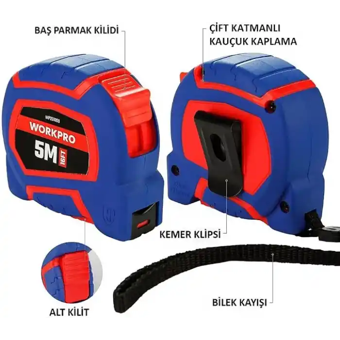 WORKPRO WP261009 5Mx19mm/16Ft. Naylon Kaplama Sarı Çelik Şerit Metre