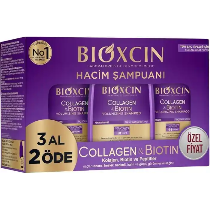 Bioxcin Collagen & Biotin Hacim Şampuanı | 3 x 300 ml | İnce Telli ve Hacimsiz Saçlar İçin | Hidrolize Kolajen + Biotin + BioComplex B11