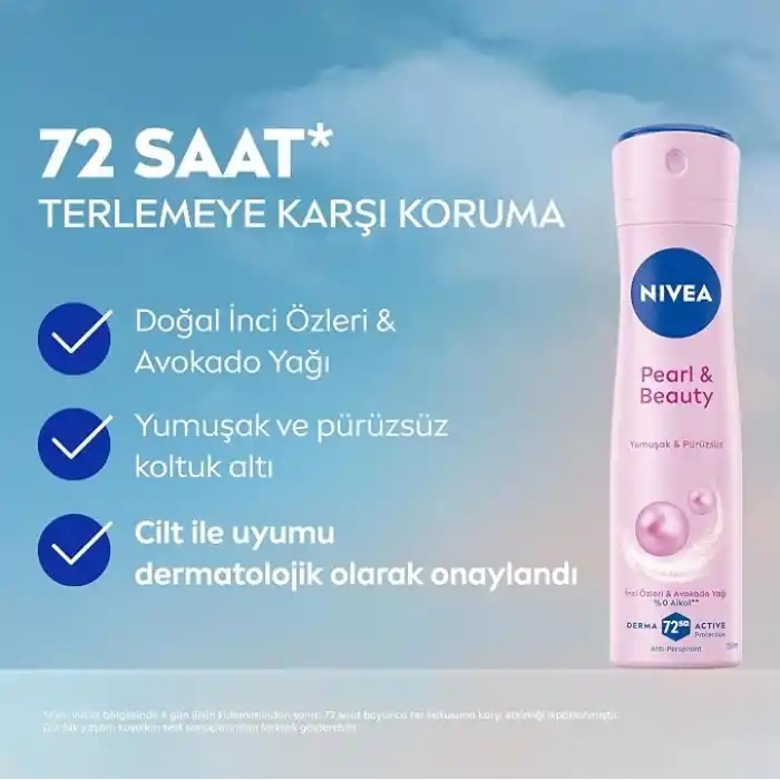 NIVEA Kadın Sprey Deodorant Pearl&Beauty 150 ml,72 Saat Terlemeye Karşı Anti Perspirant Koruma,Doğal İnci Özleri ve Avokado Yağı,Yumuşak,Pürüzsüz Koltuk Altı,Alkol İçermez