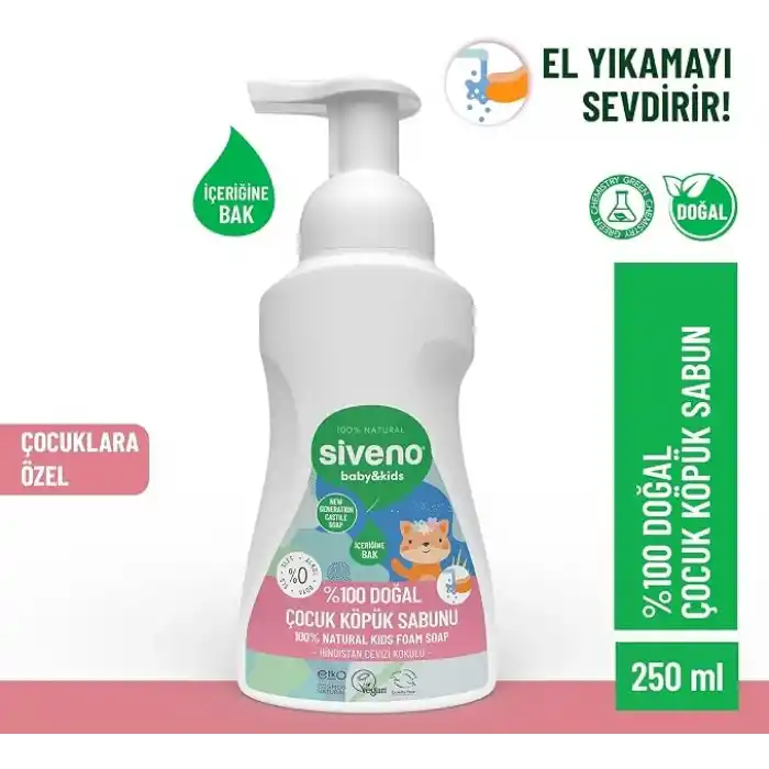 Siveno%100 Doğal Zeytinyağlı Çocuk Köpük Kastil Sabun Yoğun Nemlendirici Arındırıcı Bitkisel Vegan 250 ml
