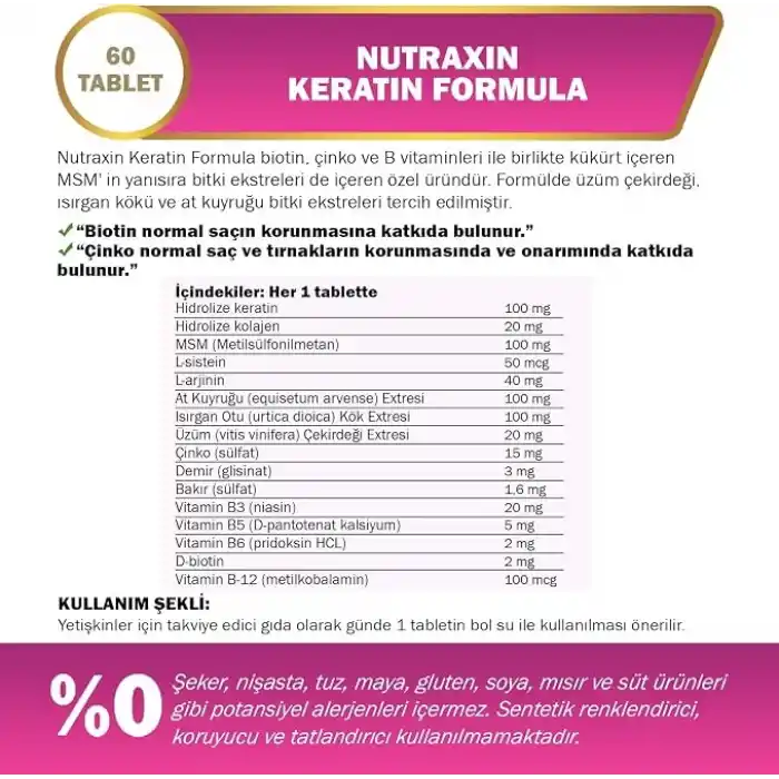 Nutraxin Beauty Keratin Formula 60 Tablet Takviye Edici Gıda