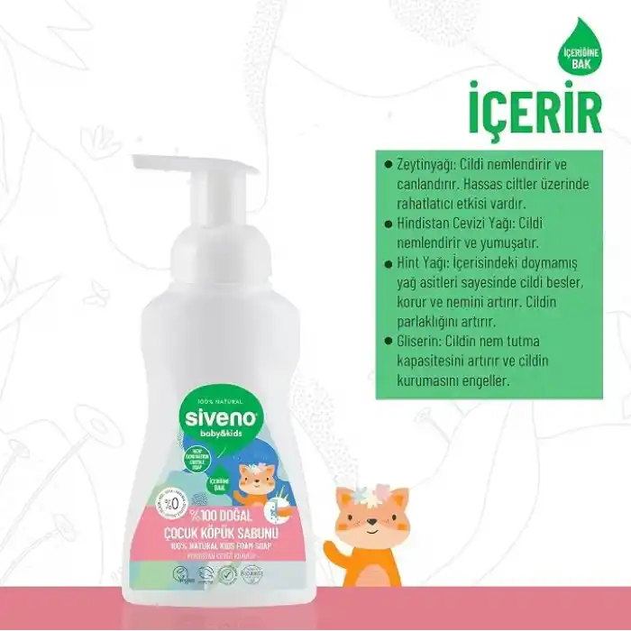 Siveno%100 Doğal Zeytinyağlı Çocuk Köpük Kastil Sabun Yoğun Nemlendirici Arındırıcı Bitkisel Vegan 250 ml
