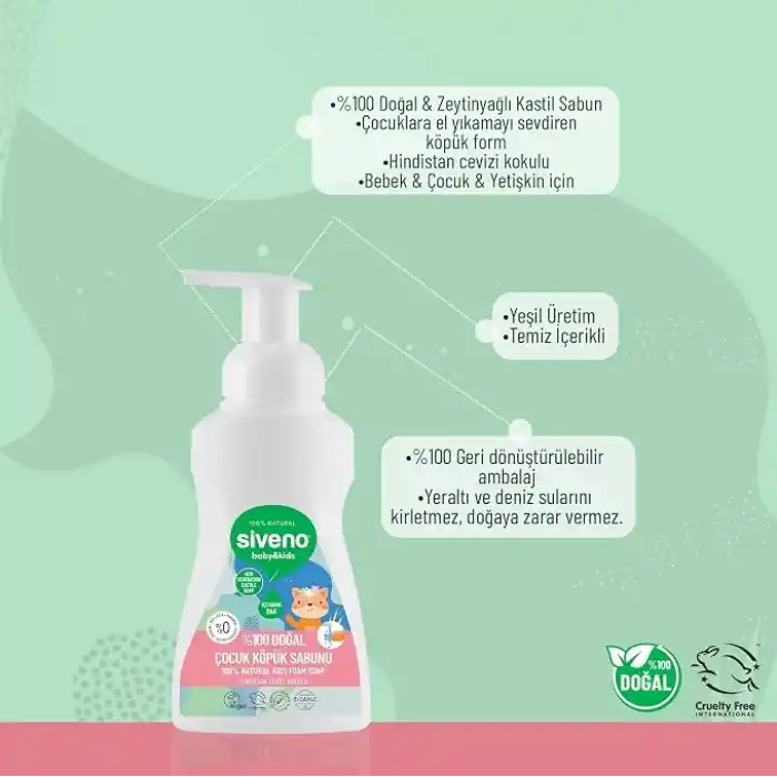 Siveno%100 Doğal Zeytinyağlı Çocuk Köpük Kastil Sabun Yoğun Nemlendirici Arındırıcı Bitkisel Vegan 250 ml