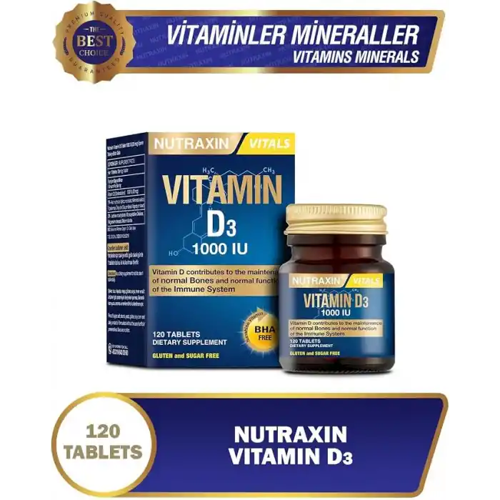 Nutraxin Vitamin D3 1000 IU 120 Tablet | Kolekalsiferol Formu | Kemik, Bağışıklık ve Kas Fonksiyonu Desteği
