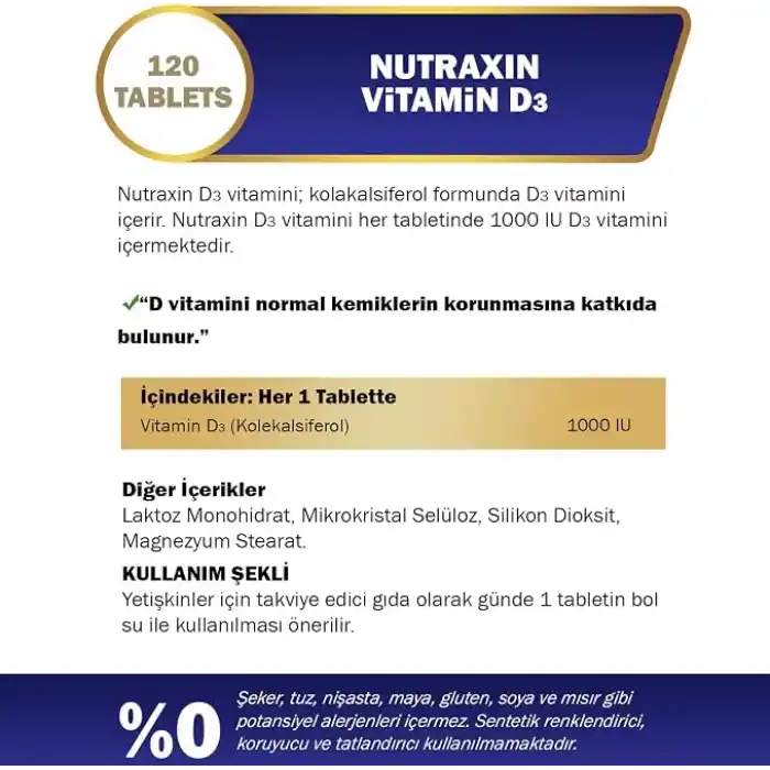 Nutraxin Vitamin D3 1000 IU 120 Tablet | Kolekalsiferol Formu | Kemik, Bağışıklık ve Kas Fonksiyonu Desteği