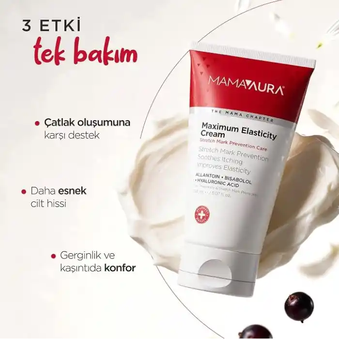 Mamaaura Maximum Elasticity Cream, Çatlak Karşıtı, Cilt Elastikiyetini Destekleyen ve Kaşıntı Hissini Yatıştırmaya Yardımcı Vücut Kremi, 150 ml