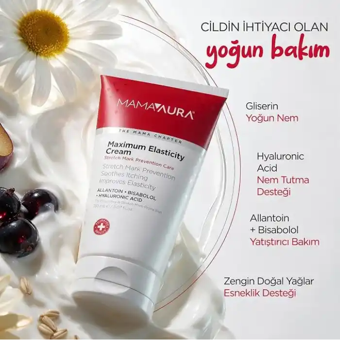 Mamaaura Maximum Elasticity Cream, Çatlak Karşıtı, Cilt Elastikiyetini Destekleyen ve Kaşıntı Hissini Yatıştırmaya Yardımcı Vücut Kremi, 150 ml