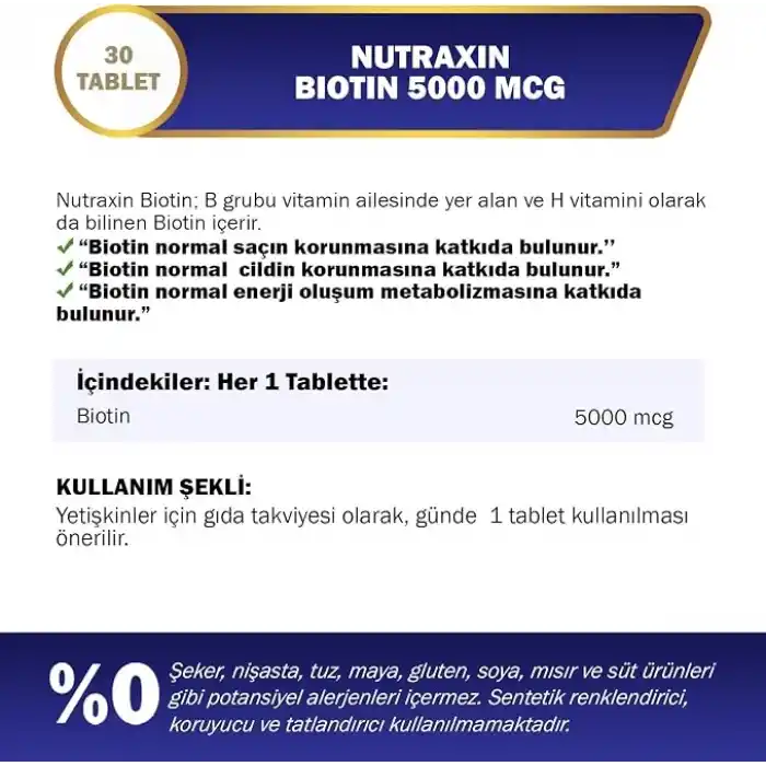 Nutraxin Vitals Biotin 5000 mcg 30 Tablet Takviye Edici Gıda