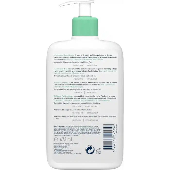 CeraVe Normal ve Yağlı Ciltler için Seramid İçerikli Köpüren Temizleyici Yüz Vücut 473 ml