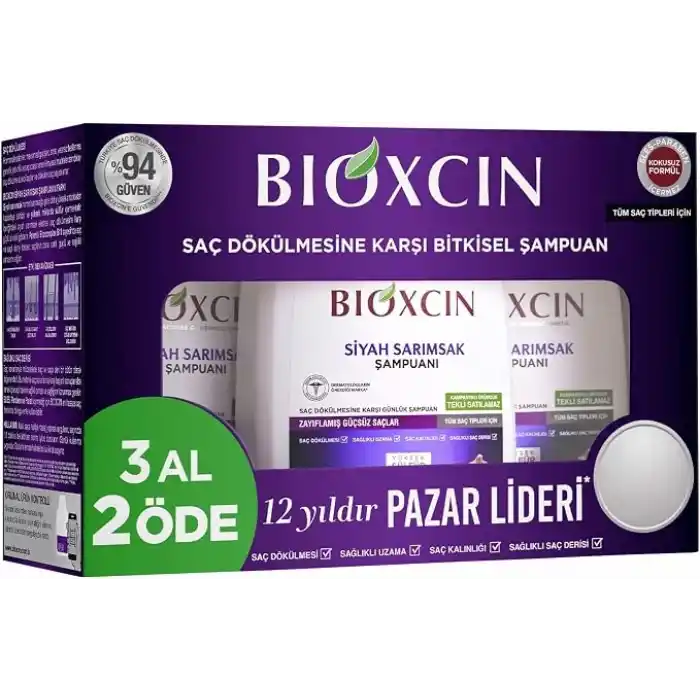 Bioxcin Siyah Sarımsak Şampuan 3 x 300 ml – Saç Dökülmesine Karşı, BioComplex B11 ve Bitki Ekstreli Güçlendirici Formül – 3 Al 2 Öde