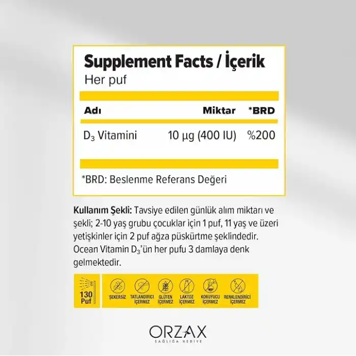 Ocean Vitamin D3 400 IU 130 Puf Oral Sprey (1 x 20 mL)