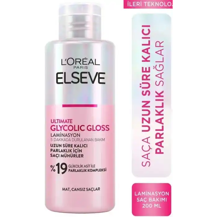 LOreal Paris Elseve Glycolic Gloss Parlaklığı Saça Mühürleyen Laminasyon 5 Dakikada Durulanan Bakım 200 ml